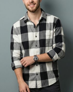 Mystery View Black & White Checked Brushed Cotton Shirt